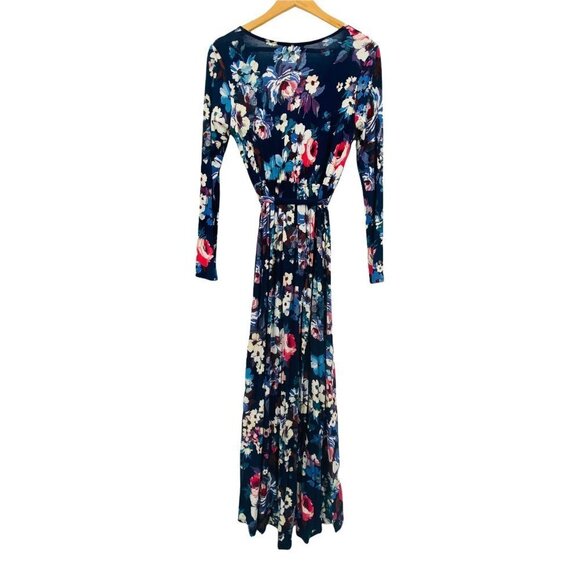 Reborn J Womens Blue Floral V Neck Wrap High Low Long Sleeve Dress M Boho Flowy - Picture 3 of 7